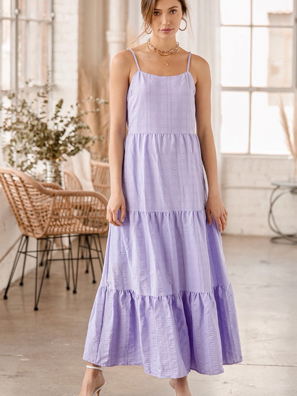 Lulus Lavender Lilac Tiered Maxi Dress Open Back Tie Waist